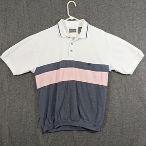 Taylor & Henry Waffle Knit Banded Hem Polo Shirt White Pink Charcoal Size L